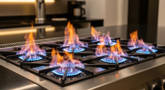 Commercial Gas Stove with Blue Flames in Professional Kitchen.