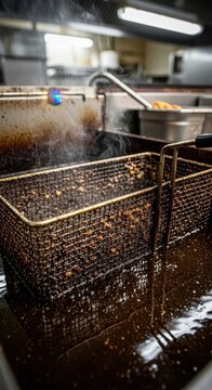 Commercial kitchen deep fryer baskets in use.