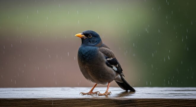 Common Blackbird Perched on Wooden Surface in Rain.
