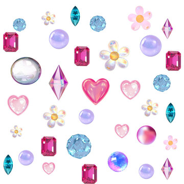 Cute crystal aesthetic design featuring glossy hearts, sparkling gems, dreamy pearls, and iridescent flowers. Inspired by Y2K fashion and kawaii aesthetics.