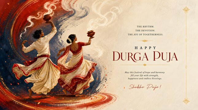 Bengali Couple Performing Dhunuchi Naach Dance for Happy Durga Puja Festival Greeting Banner Background