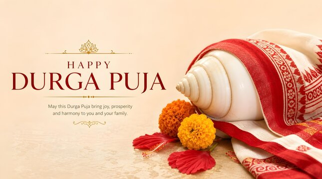 Sacred White Shankh Conch Shell with Red Hibiscus and Garad Saree for Happy Durga Puja Greeting Banner Background