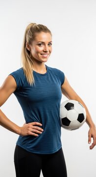 Confident female soccer player holding a ball in studio.