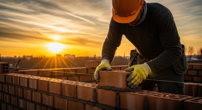 Construction worker laying bricks at sunset.