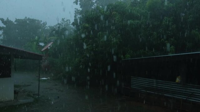 Monsoon season. Summer storm, dark sky cloudy heavy rain, weather in rainy season.