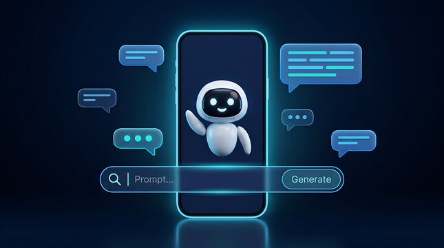 Robot emerging from smartphone screen with artificial intelligence assistant interface and chat bubbles
