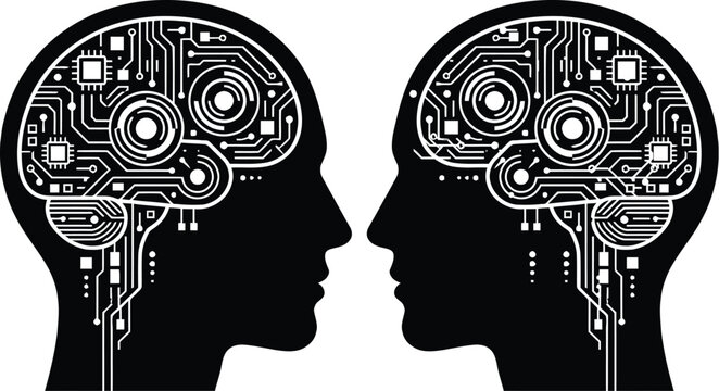 Two human head silhouettes contain complex circuit board patterns representing artificial intelligence and neural networks artificialintelligence neuralnetwork machinelearning digitization digitalmind