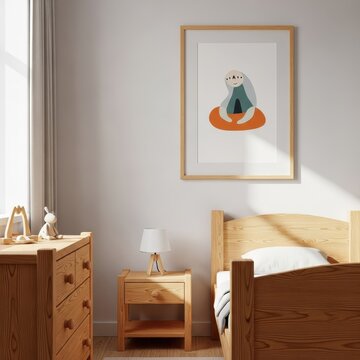Cozy childrens bedroom with framed animal artwork and wooden furniture.