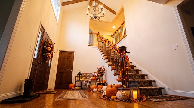 Autumn Decorated Home Foyer with Pumpkins and Staircase