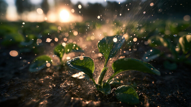 Irrigation of Young Green Seedling in Agricultural Field at Sunrise