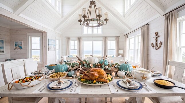 Thanksgiving Turkey Dinner Served in Coastal Beach House Dining Room