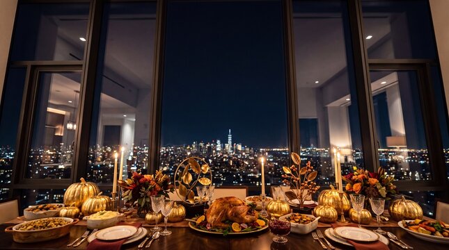 Thanksgiving Dinner Table Setting Overlooking City Skyline at Night