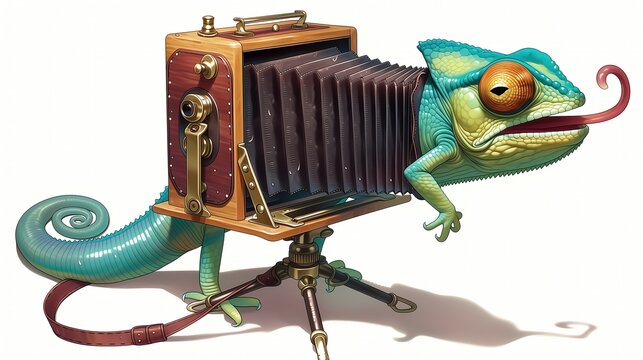 Surreal mashup of turquoise chameleon with curled tail merged into vintage bellows camera on tripod, hybrid creature concept for editorial and advertising