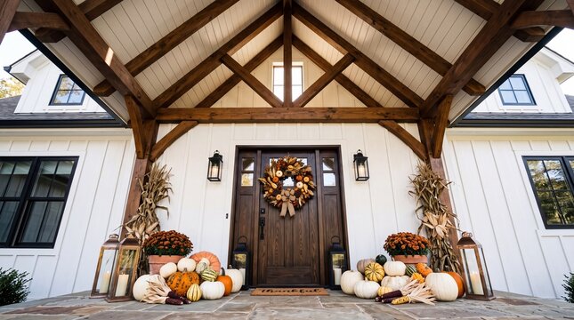 Modern Farmhouse Front Porch Decorated with Autumn Pumpkins and Wreath