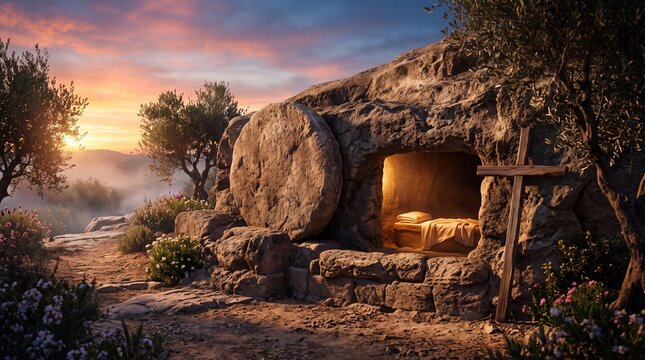 Empty Tomb of Jesus Christ at Sunrise on Easter