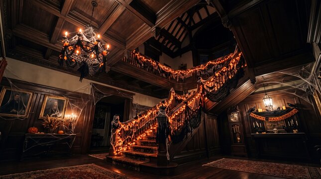 Grand Mansion Hallway Decorated with Halloween Lights and Cobwebs