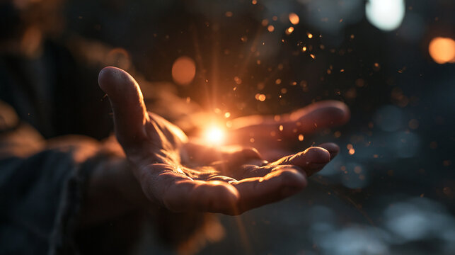 Hand Holding Glowing Light and Magic Sparks