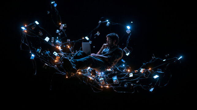 Man Using Laptop Floating in Illuminated Digital Network