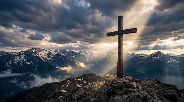 Wooden Cross on Mountain Peak with Dramatic Sunlight