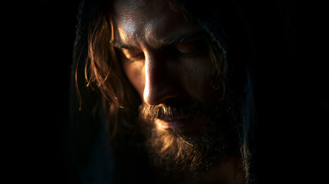Bearded Man in Hood Praying with Dramatic Lighting