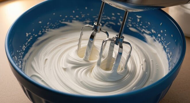 Creamy white frosting being mixed in a blue bowl.