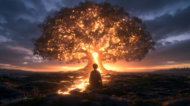 Silhouette Sitting Before Glowing Tree of Life at Sunset