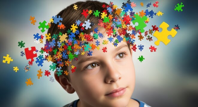Creative child with colorful puzzle pieces floating above head.