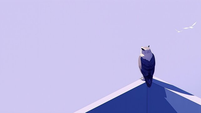Back view of a hawk perched on a rooftop edge against a lavender sky with two flying seagulls, minimalist vector art ideal for editorial covers