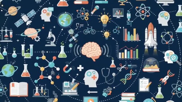 collage of science and technology icons featuring a space shuttle, microscope, DNA helix, brain, atom, laboratory tools, books, satellite, bicycle, and charts.