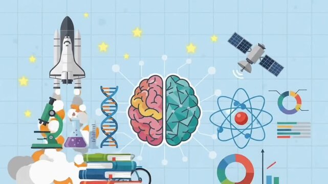 collage of science and technology icons featuring a space shuttle, microscope, DNA helix, brain, atom, laboratory tools, books, satellite, bicycle, and charts.