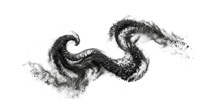 Kinetic dispersion of fine graphite powder wave floating particle dust swirl fluid motion industrial materials science lubricant battery tech concept on transparent background