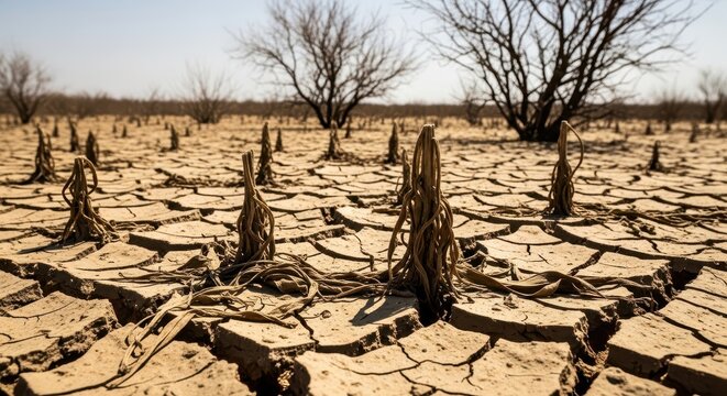 Cracked dry earth in a barren drought affected landscape.