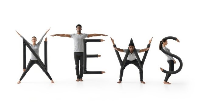 Creative team forming the word news with their bodies.