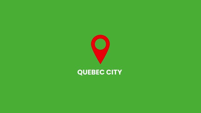 Quebec City Location Pin Marker on Green Screen, Red Map Pin with City Name Label Chroma Key
