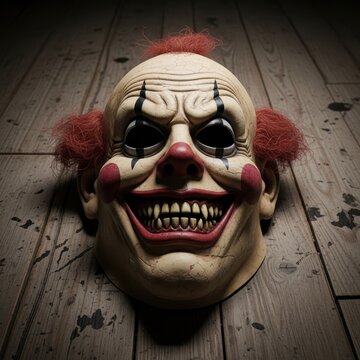 Creepy Clown Mask on Dark Wooden Floor.