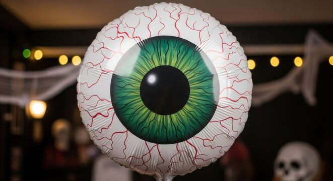 Creepy Eyeball Balloon with Halloween Decorations in Background.