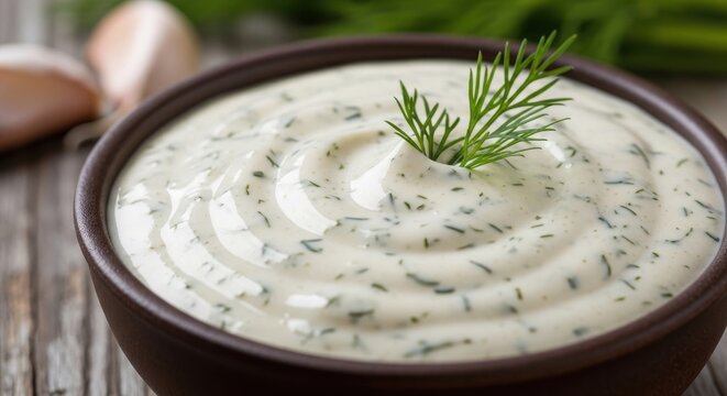 Creamy Herb Dip in Rustic Bowl with Fresh Dill Garnish.