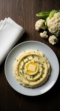 Creamy Hummus Bowl with Cauliflower on Dark Wood Table.