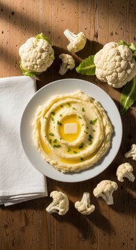 Creamy Hummus Bowl with Fresh Cauliflower on Wooden Table.