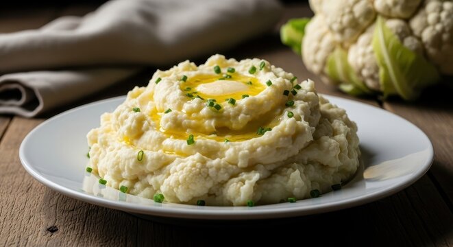 Creamy mashed cauliflower with butter on white plate.