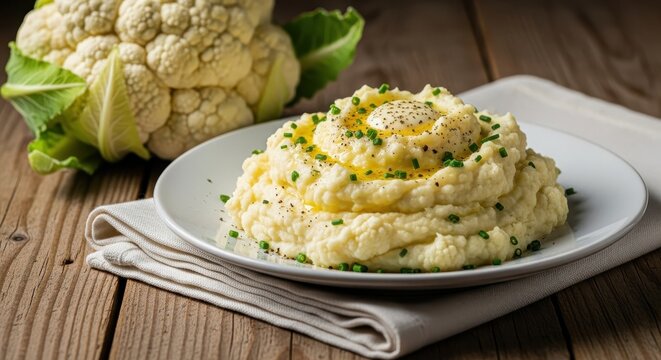 Creamy mashed cauliflower on a white plate with whole cauliflower.