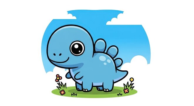 Cute Blue Cartoon Dinosaur Standing on Grass.