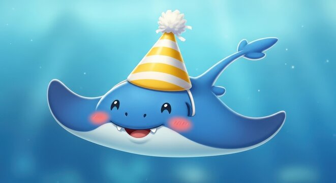 Cute Blue Cartoon Manta Ray with Party Hat Underwater.