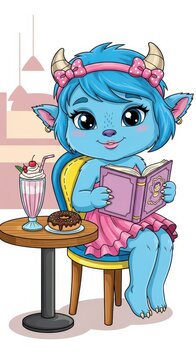 Cute Blue Monster Girl Reading Book at Cafe Table.