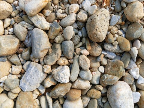 Mixed grey river pebbles pattern for minimalist architectural rendering, home garden terrace paving, dry riverbed landscape feature, detailed background texture of natural water worn rounded stone agg