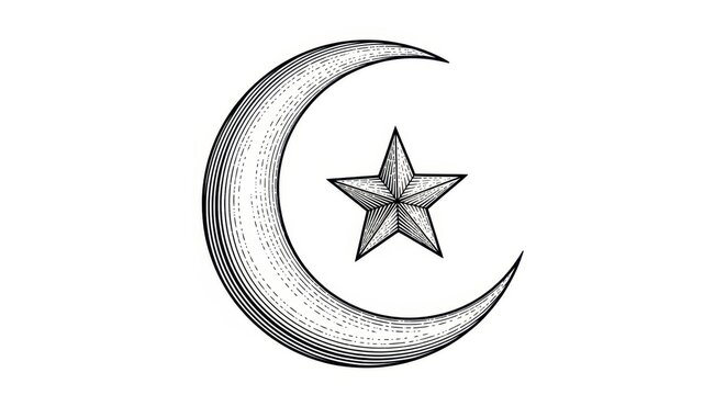 Crescent Moon and Star Symbol in Black and White.