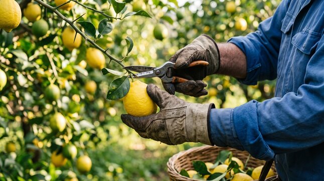 A farmer wearing protective gloves using garden shears to harvest fresh yellow lemons from a tree in a sunny orchard