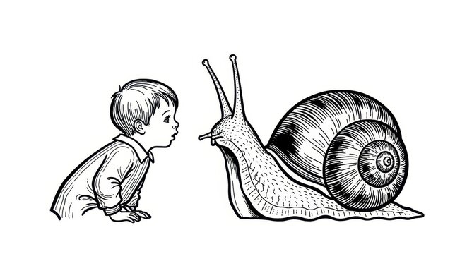 Curious child observing a large garden snail up close.