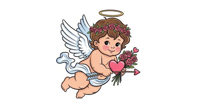 Cute Cartoon Angel Baby with Wings and Heart.