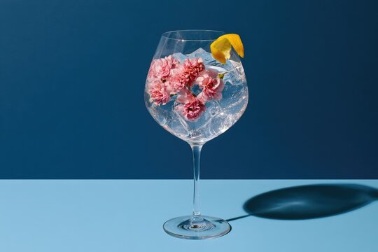 A clear glass filled with ice, pink flowers, and lemon, casting a shadow